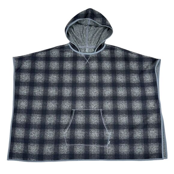 Eddie Bauer Womens Medium - Large Black Plaid Hooded Poncho Cape Coat Wool Blend - Picture 1 of 7